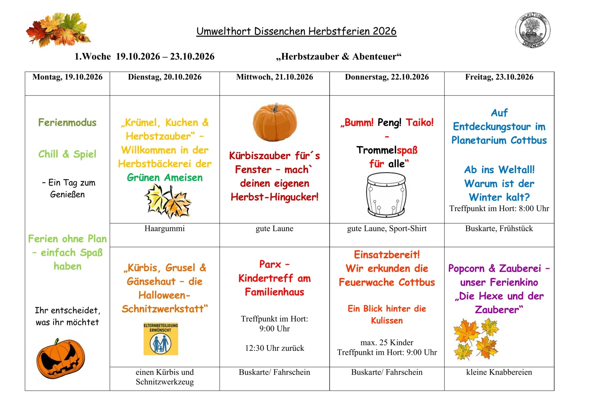 Ferienplan in der 1. Woche der Herbstferien