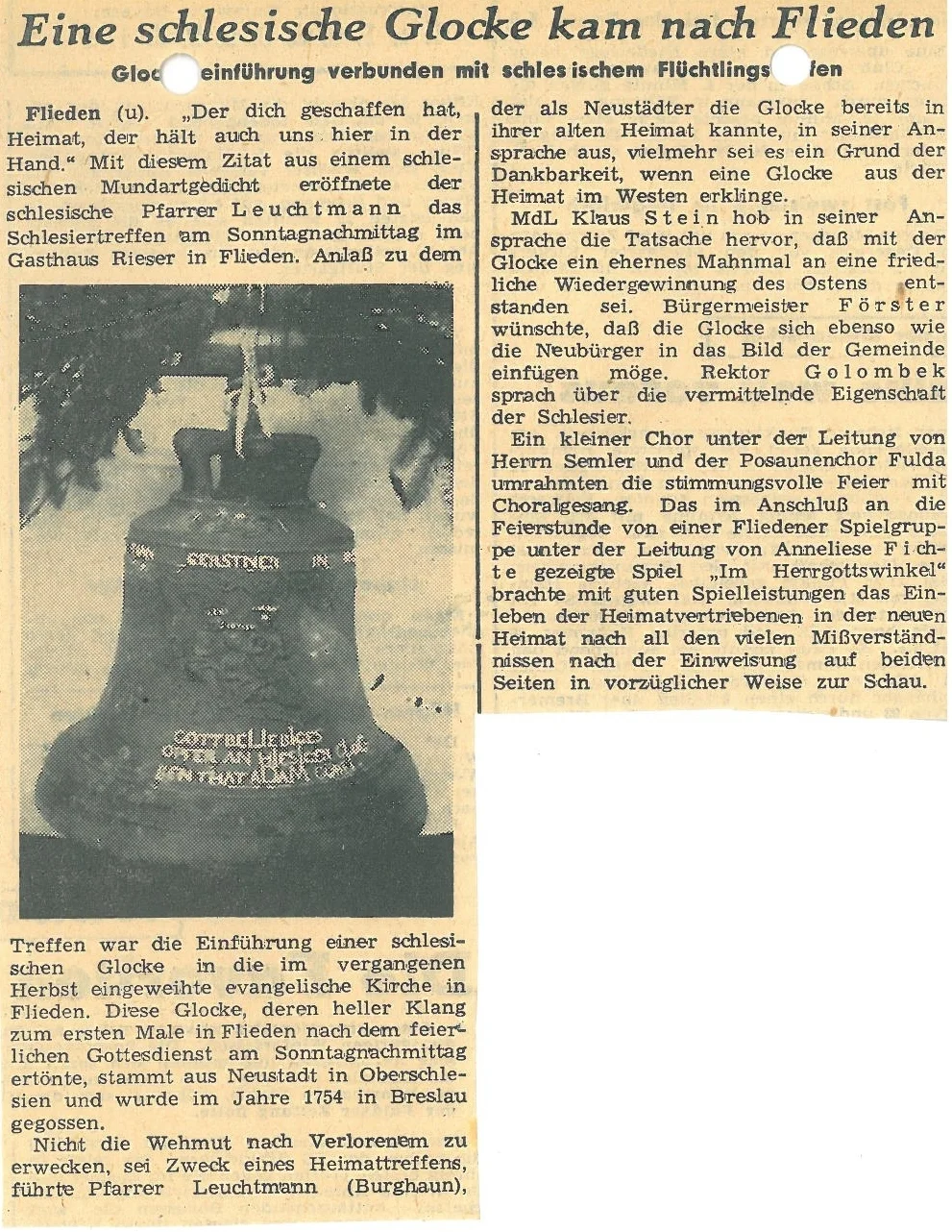 Zeitungsartikel: Eine schlesiche Glocke kommt nach Flieden
