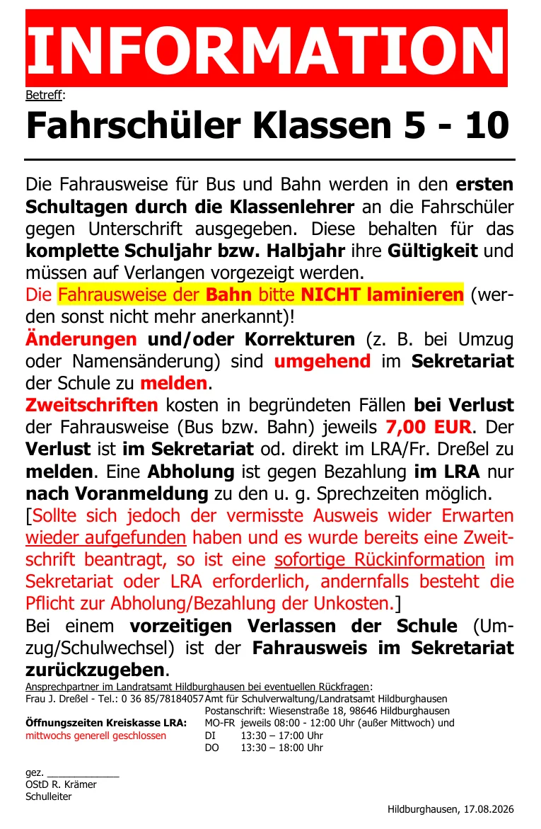 Hinweise für Fahrschüler Klasse 5-10