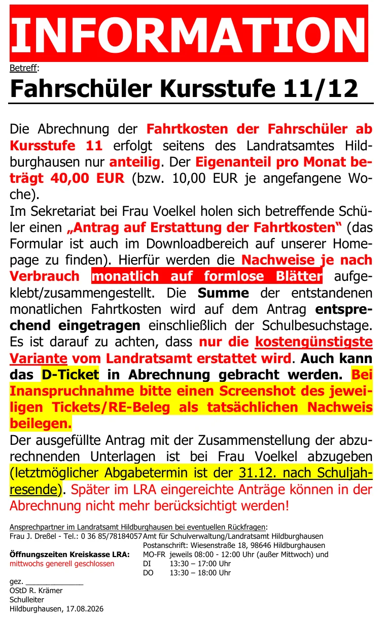 Hinweise für Fahrschüler Klasse 11 und 12