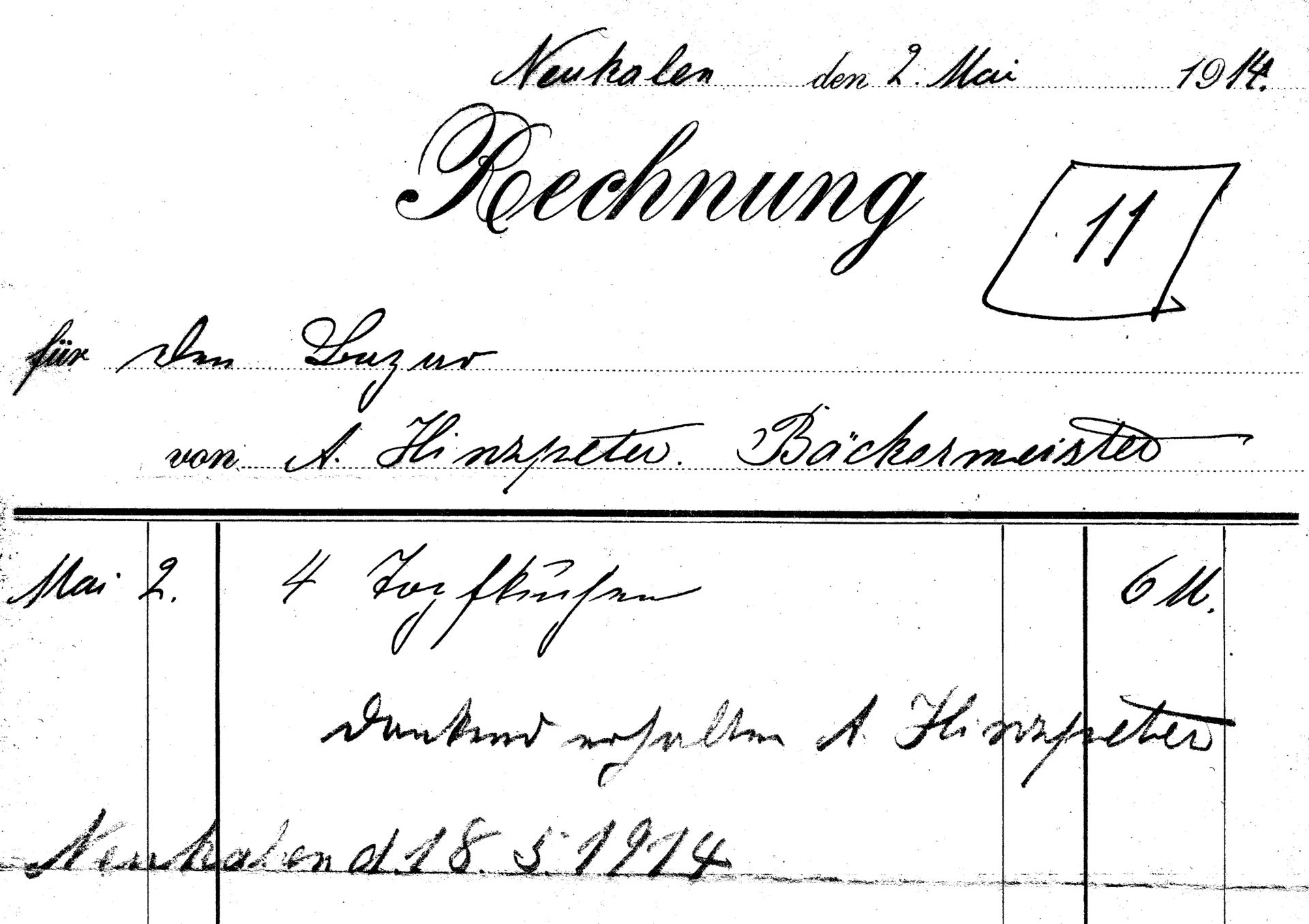 Rechnung des Bäckermeisters August Hinzpeter