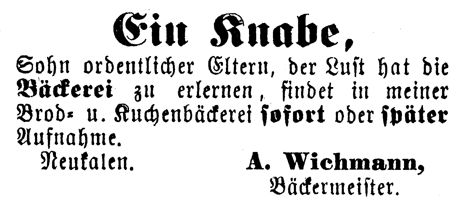 Annonce Bäckermeister Wichmann im Neukalener Wochenblatt vom 4.11.1894