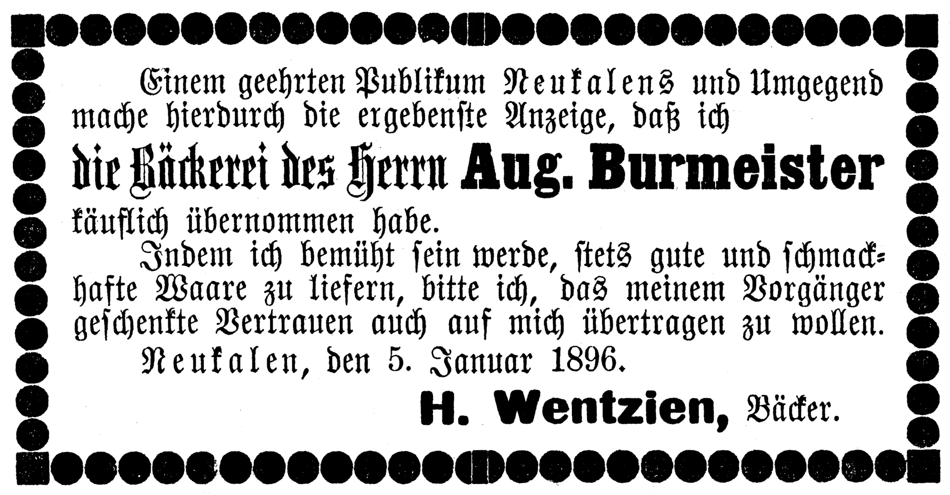 Annonce Bäcker Heinrich Wentzien im Neukalener Wochenblatt vom 5.1.1896