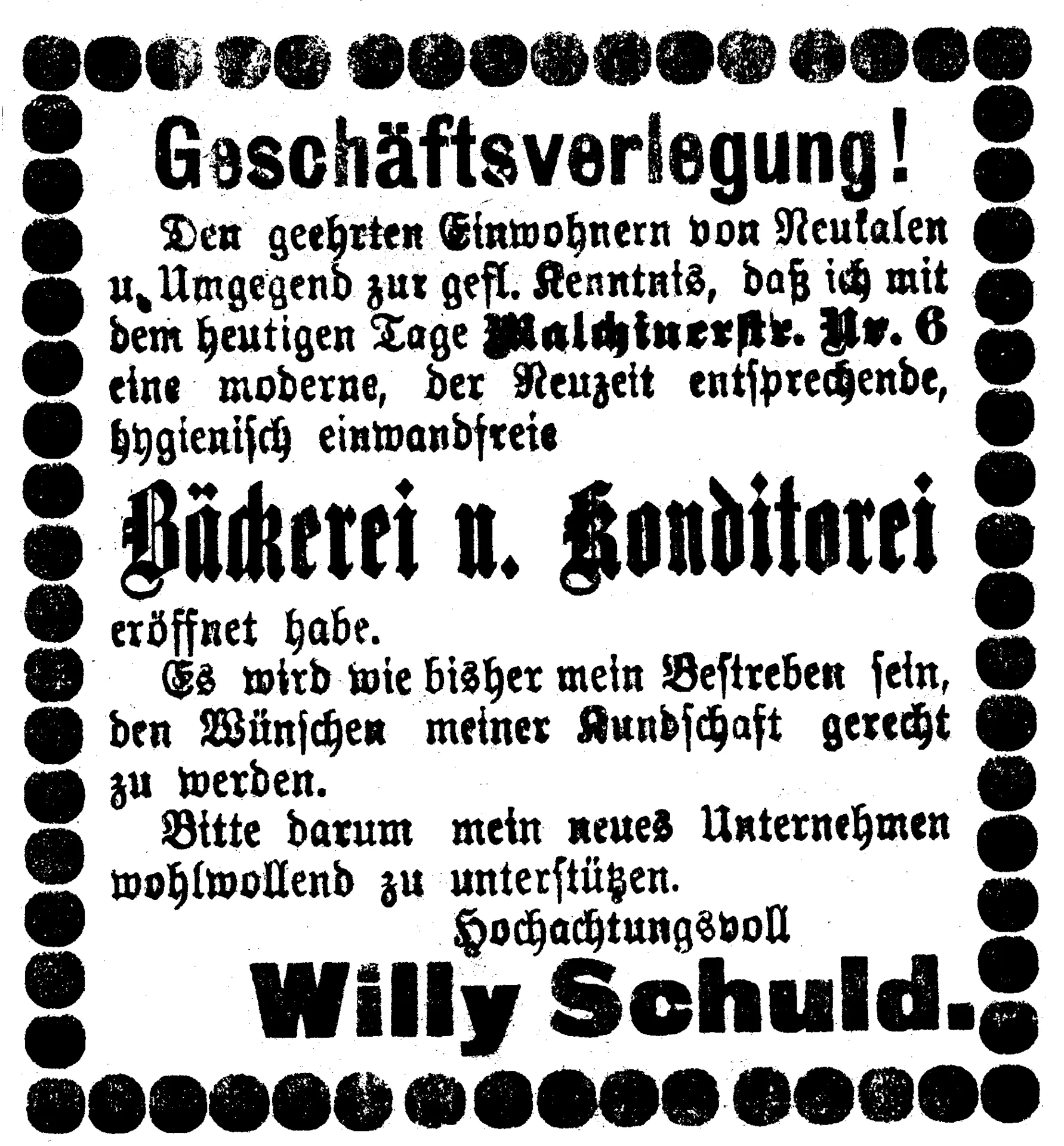 Annonce Bäcker Willy Schuld im Neukalener Tageblatt vom 22.12.1929