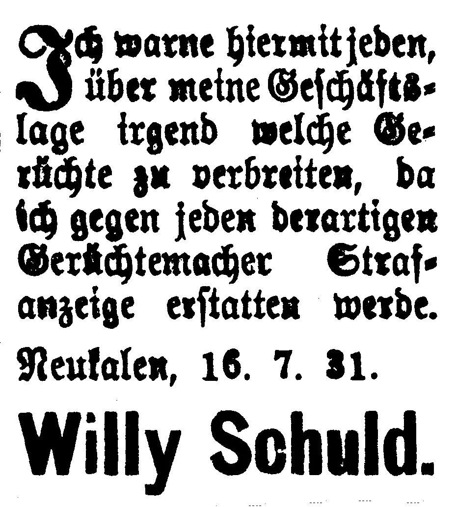 Annonce Bäcker Willy Schuld im Neukalener Tageblatt vom 17.7.1931