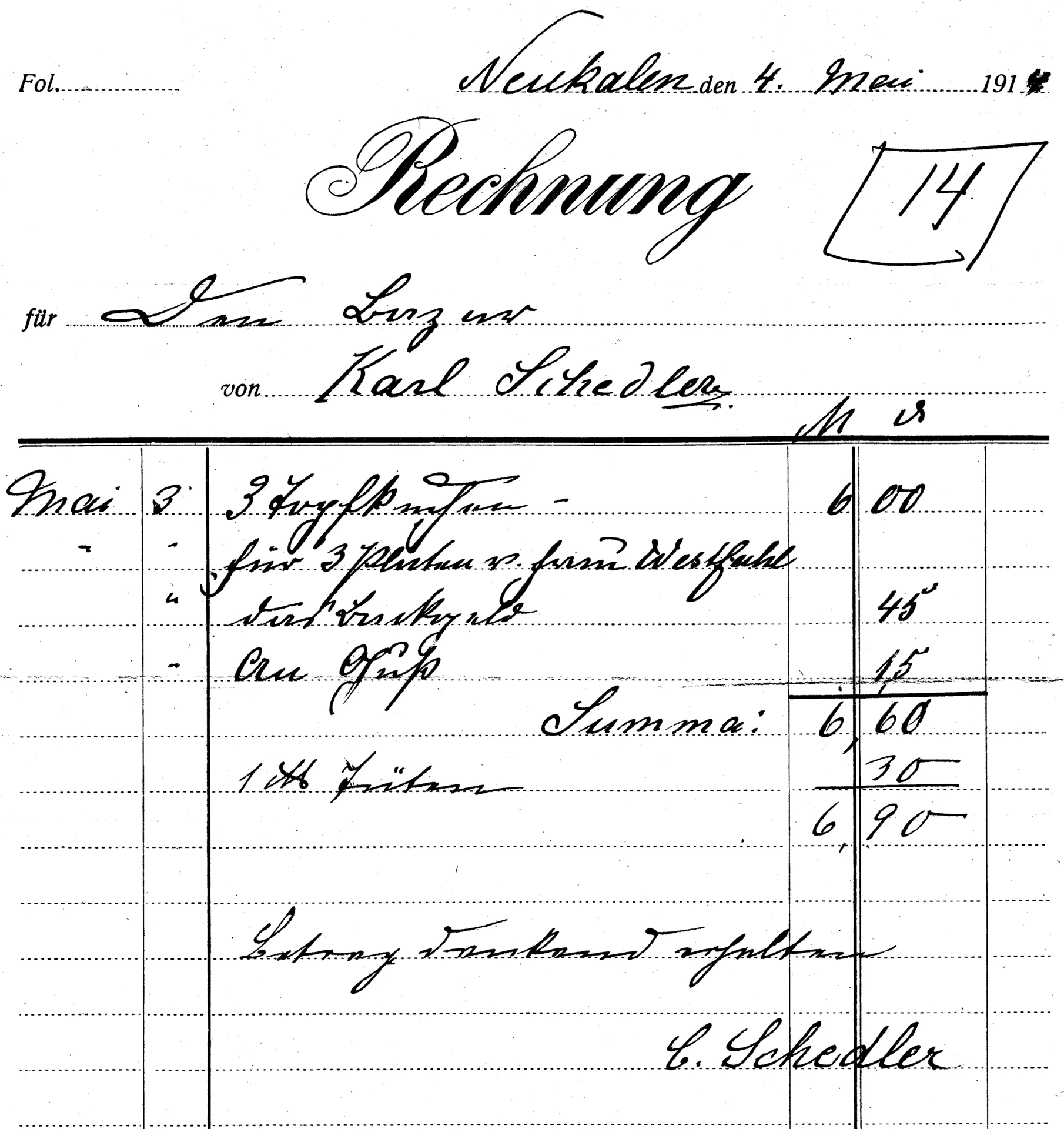 Rechnung des Bäckers Karl Schedler vom 4.5.1914