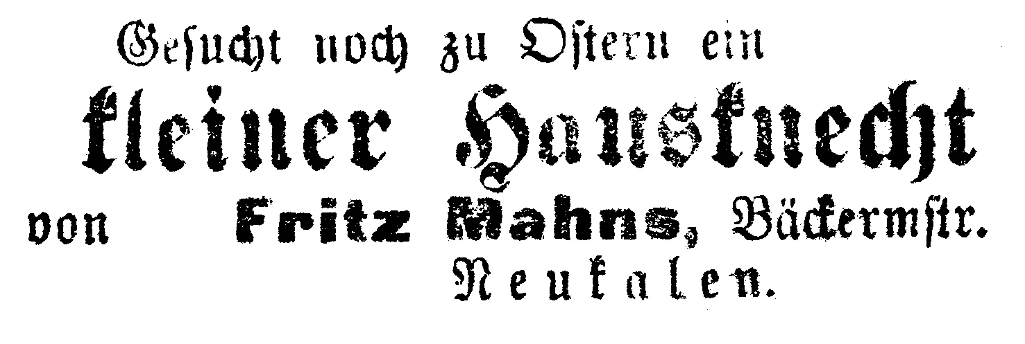 Annonce Bäcker Fritz Mahns im Neukalener Wochenblatt vom 2.4.1909