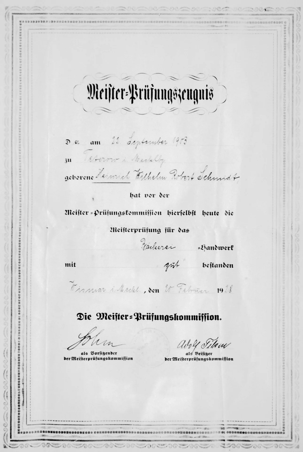 Meisterbrief Bäcker Heinrich Wilhelm Robert Schmidt (20.2.1928)