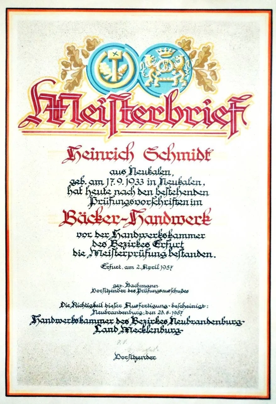 Meisterbrief Bäcker Heinrich Wilhelm Hermann Fritz Schmidt (2.4.1957)