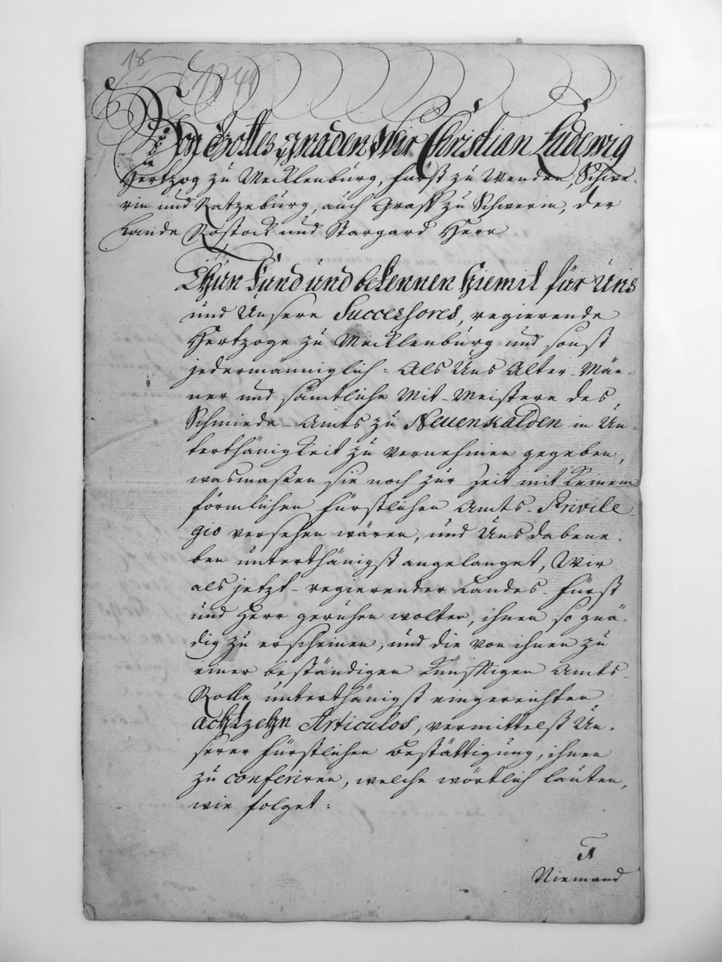 Die Urkunde des Schmiedeamts vom 5. April 1749 (Seite1)