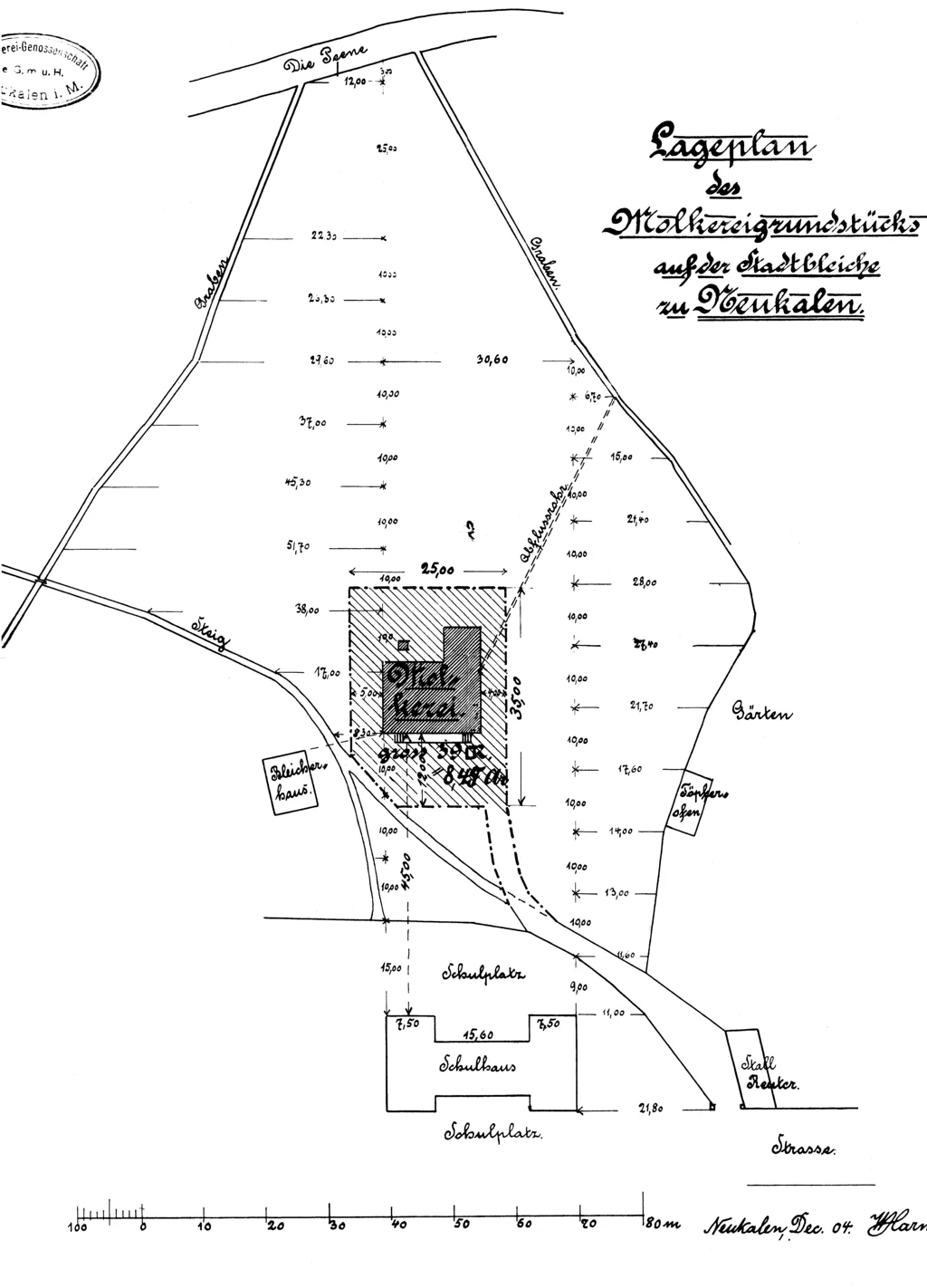 Lageplan des Molkereigrundstücks auf der Stadtbleiche zu Neukalen, Dez. 1904