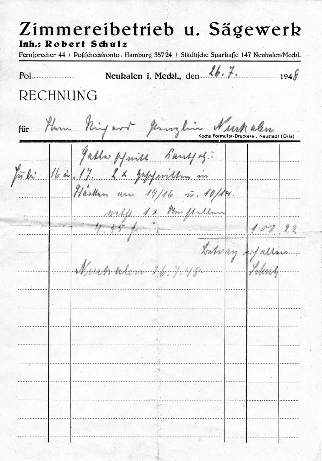 Rechnung vom 26.7.1948