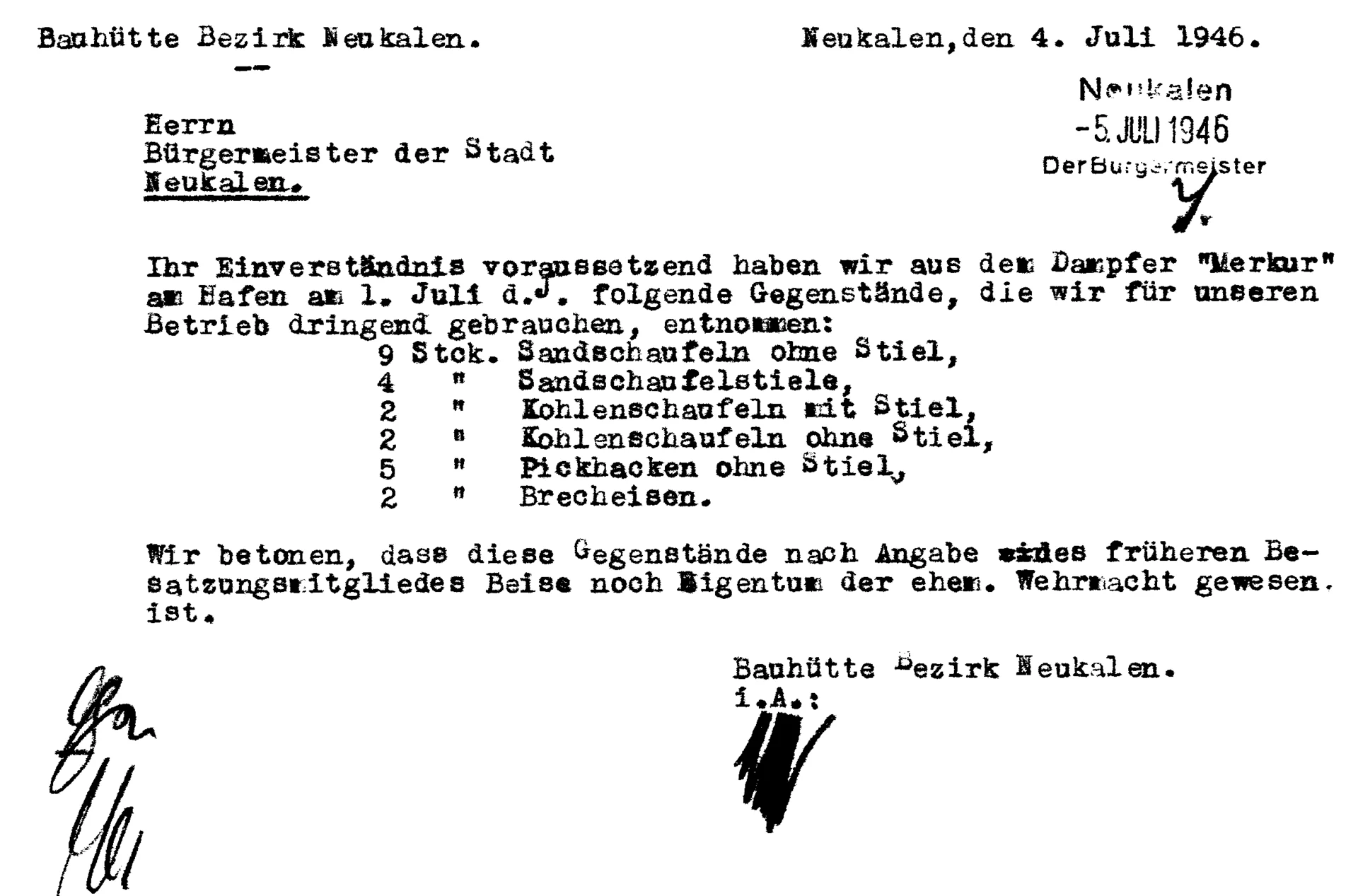 Schreiben Bauhütte vom 4.7.1946