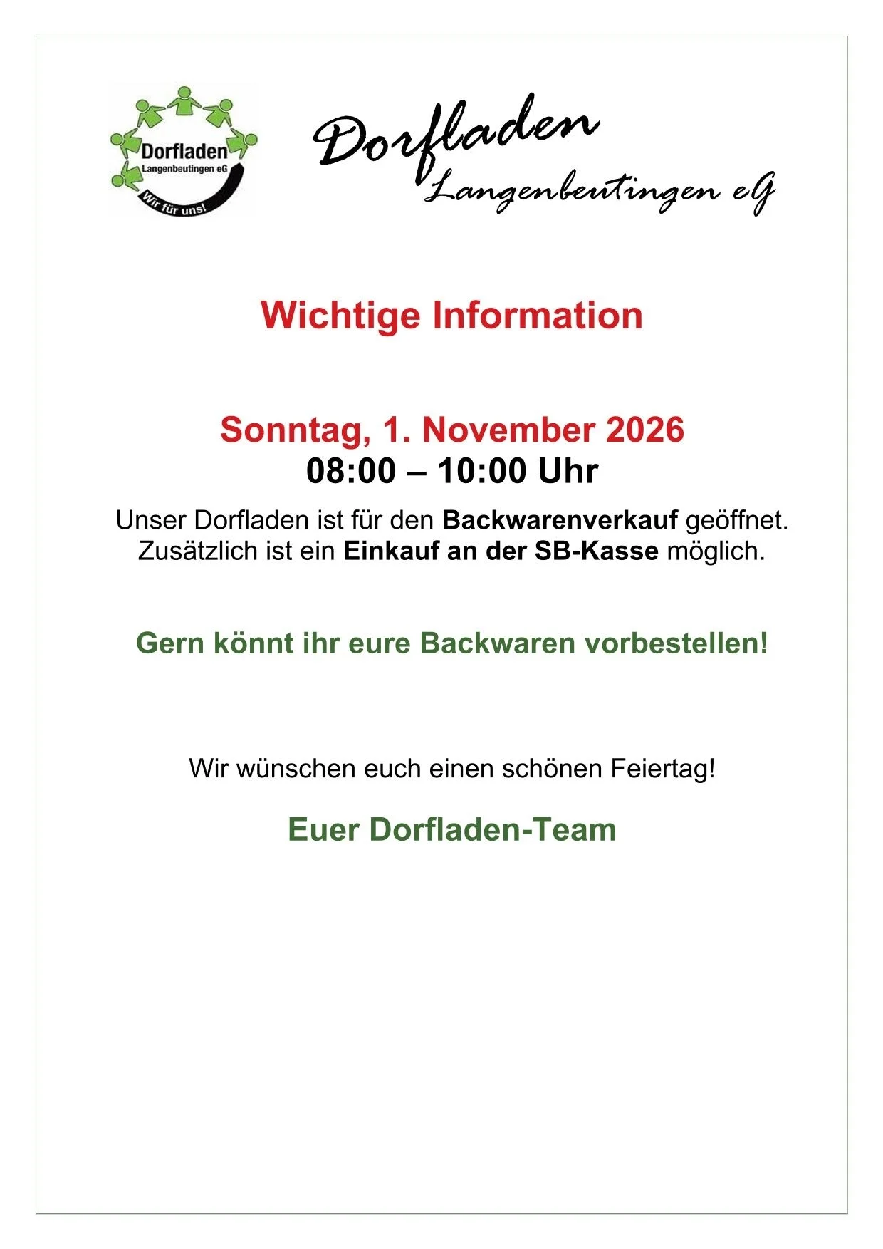 Öffnungszeiten 01. November 2026