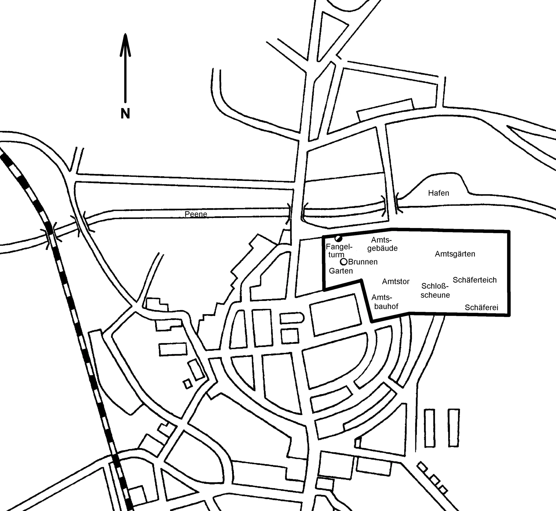 Das Amt beanspruchte bis 1757 die schwarz umrandete Fläche des Stadtgebeites von Neukalen