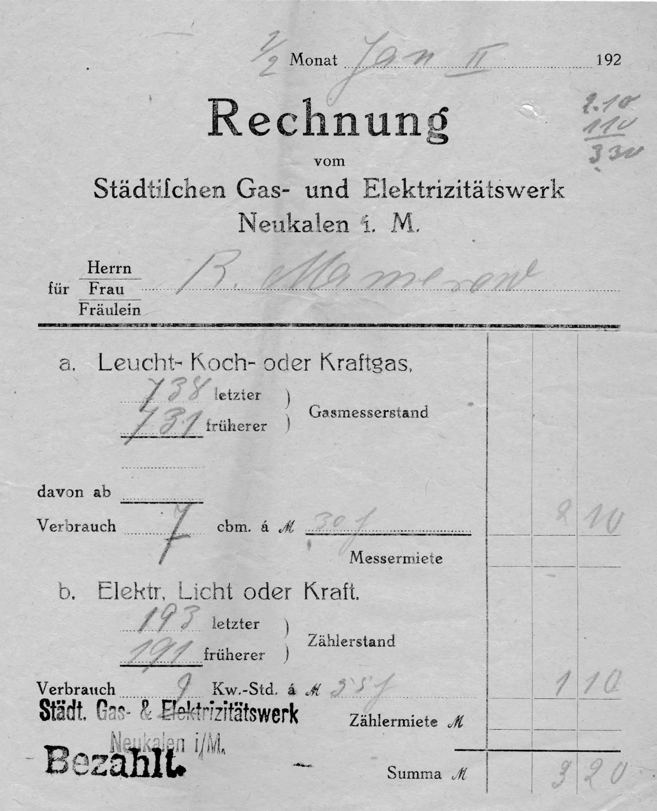 Eine Rechnung aus den Anfangszeiten der Stromversorgung in Neukalen