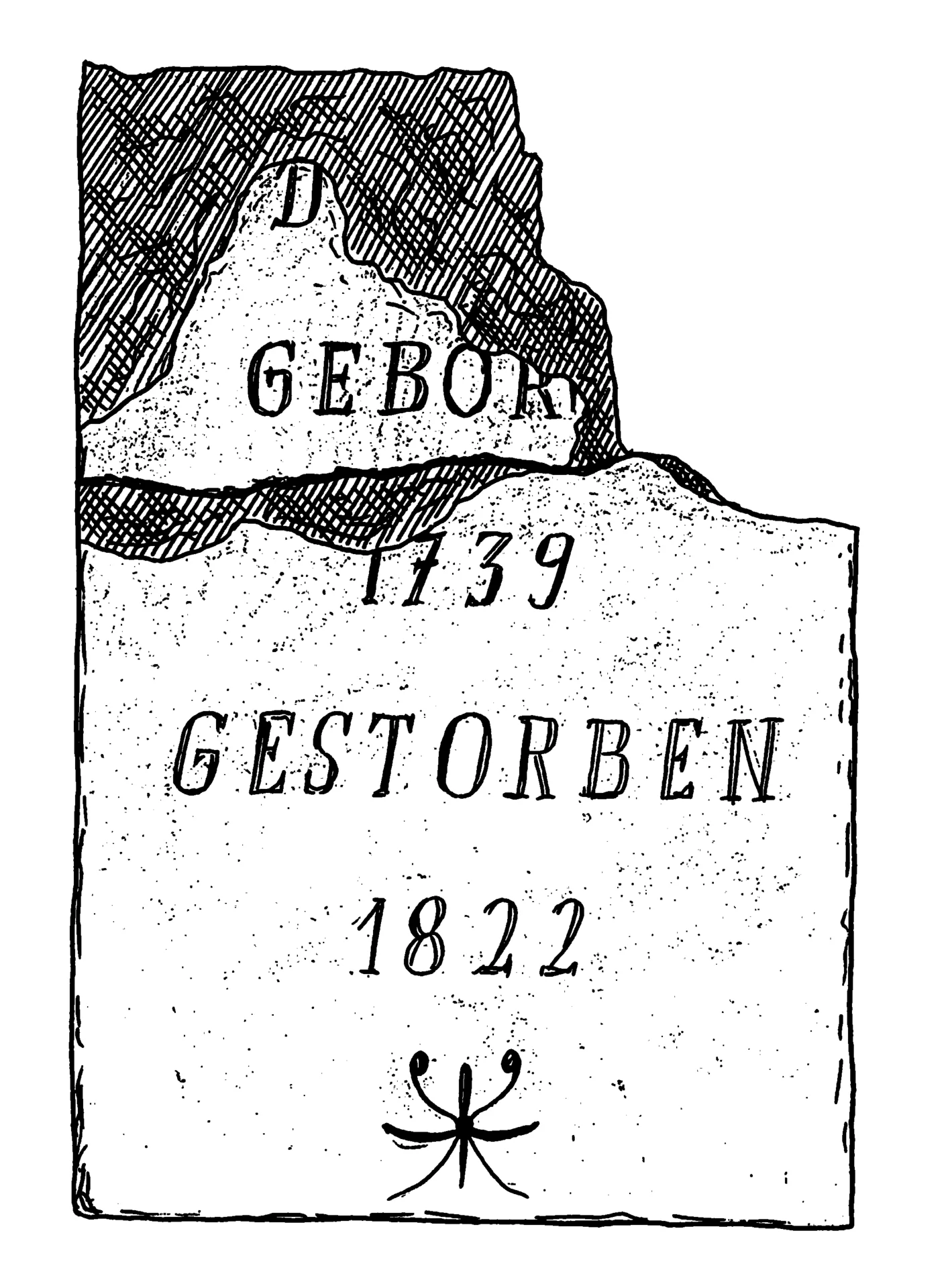 Zeichnung einer zerbrochenen Grabplatte, welche 1960 bei Ausgrabungen auf dem einstigen Schulhof gefunden wurde