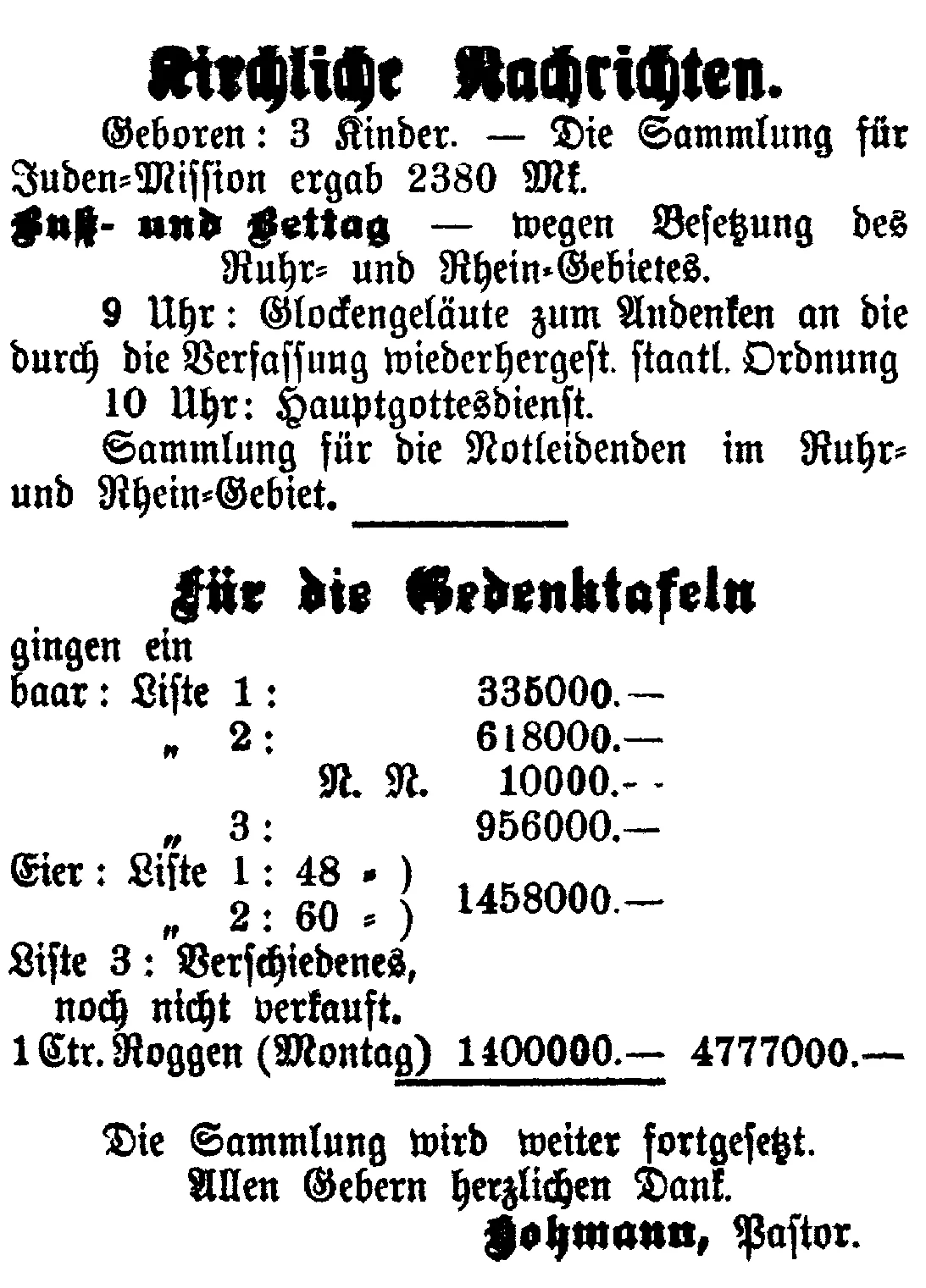 Kirchliche Nachrichten 1923