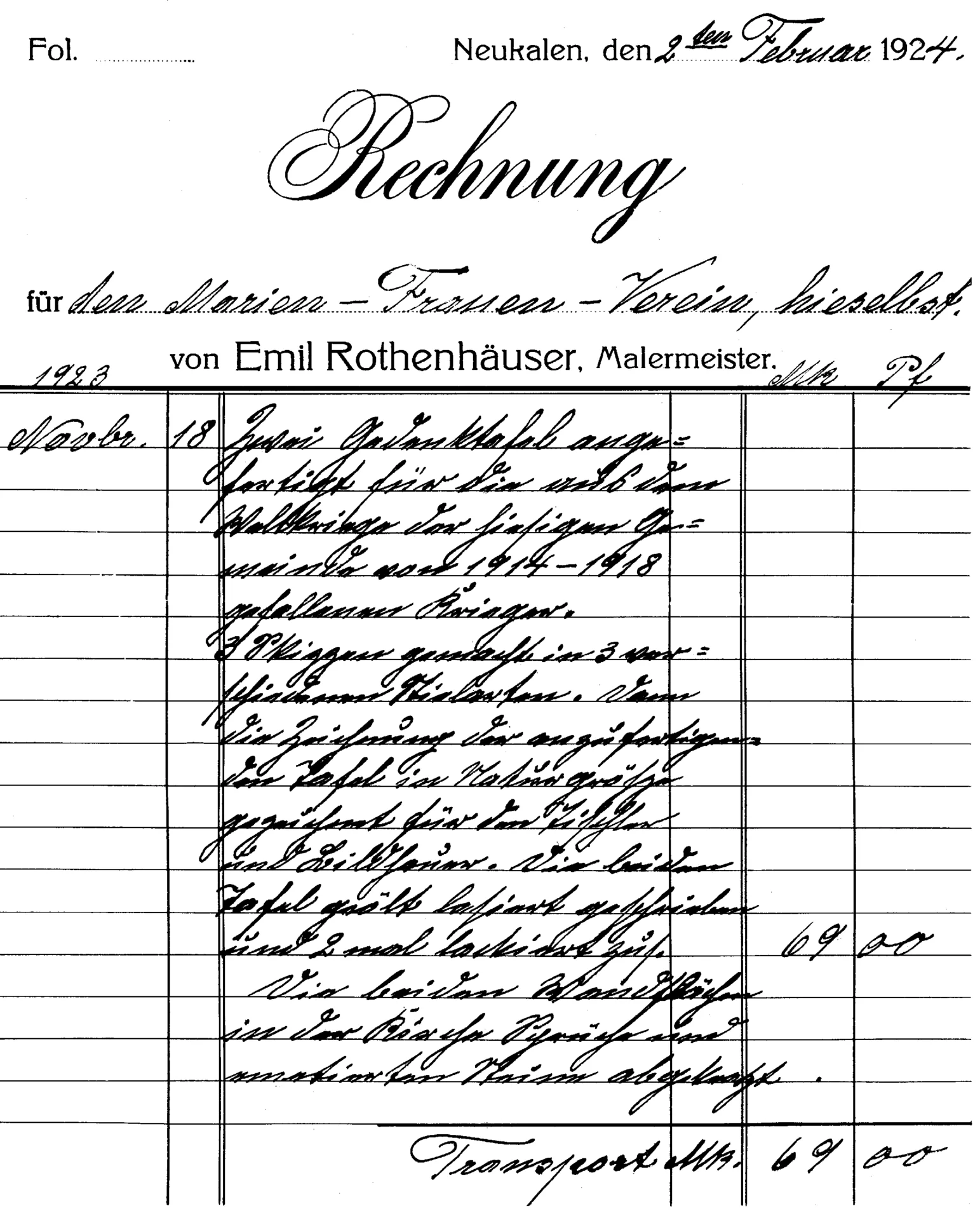 Rechnung des Malermeisters Emil Rothenhäuser vom 2. Februar 1924 (1)