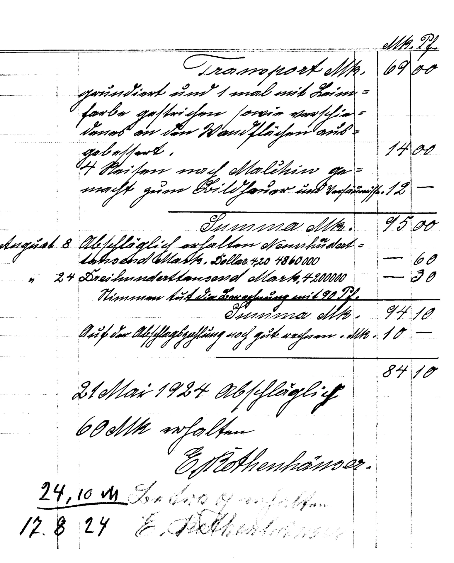 Rechnung des Malermeisters Emil Rothenhäuser vom 2. Februar 1924 (2)