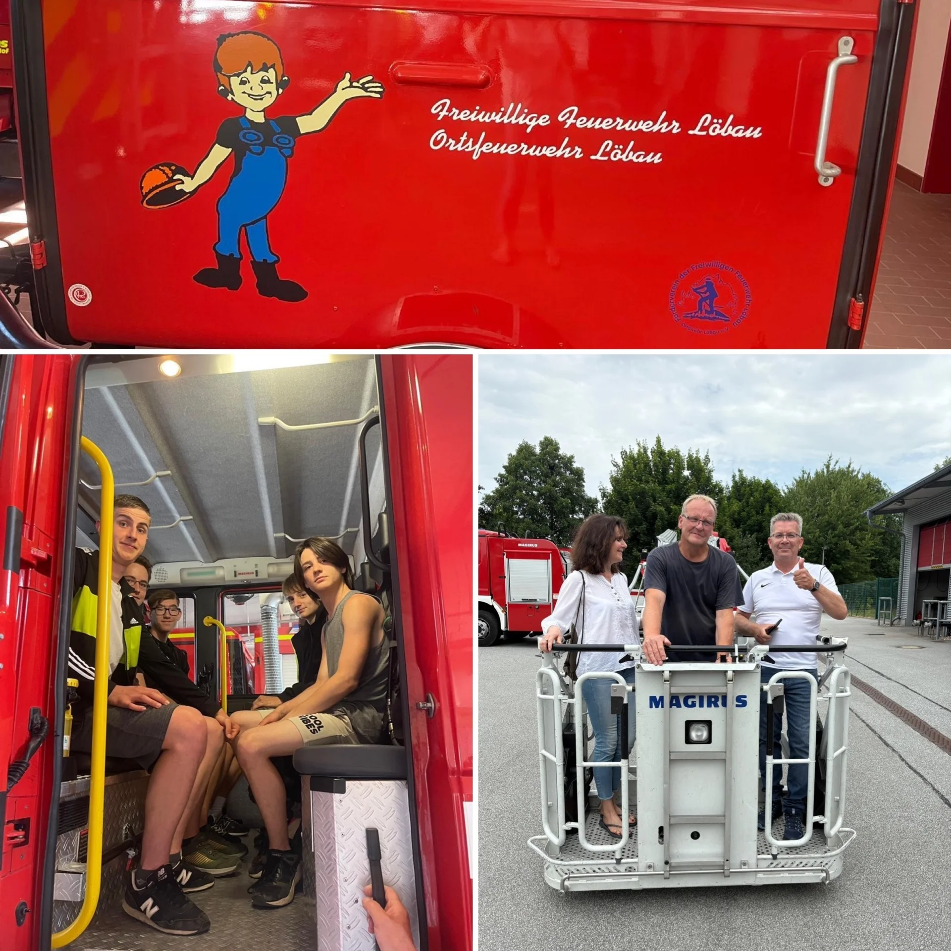 Bild: Tür Feuerwehrfahrzeug, Schüler sitzen im Feuerwehrauto, Personen auf Drehleiter