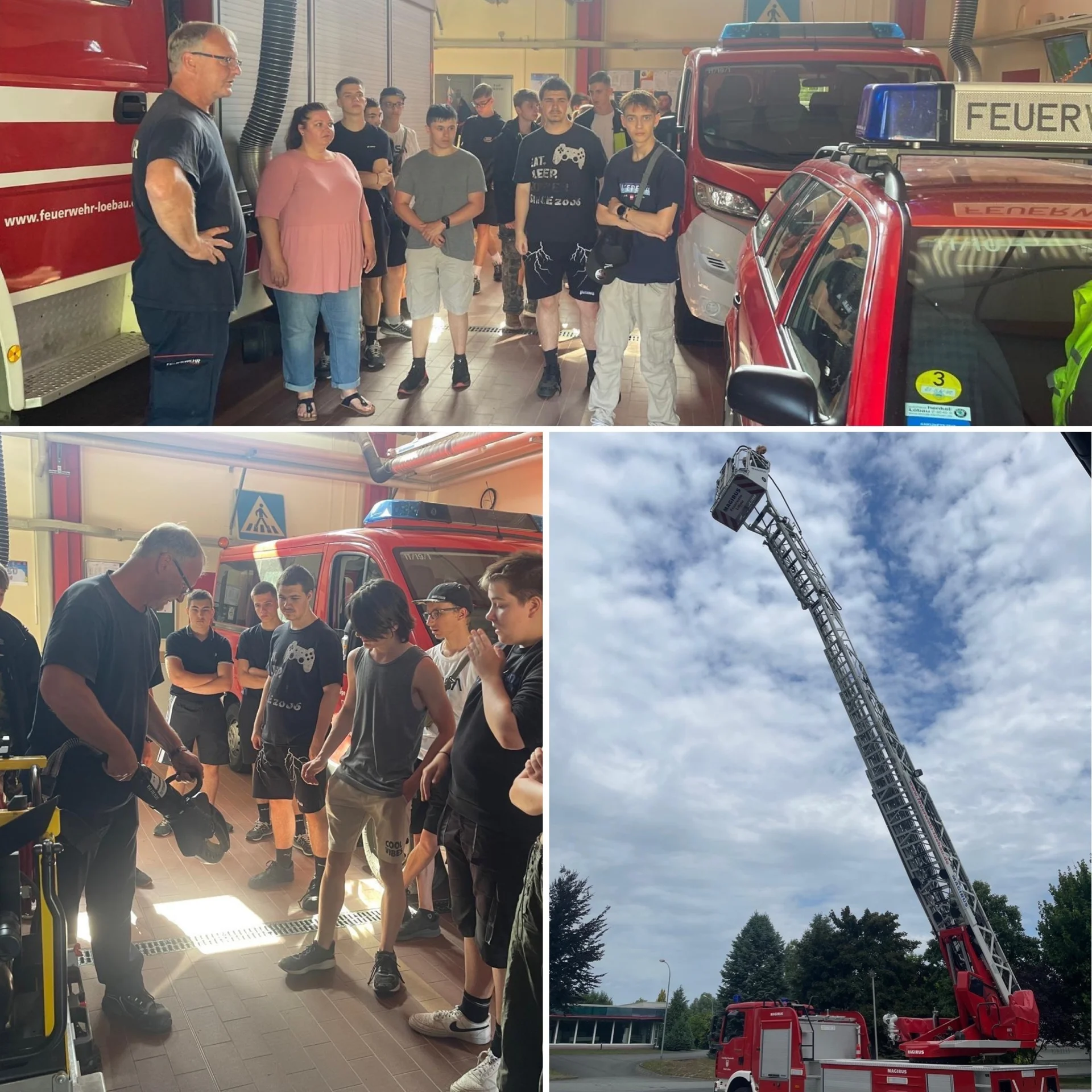 Bild: Schüler stehen vor Feuerwehrautos, Feuerwehrdrehleiter