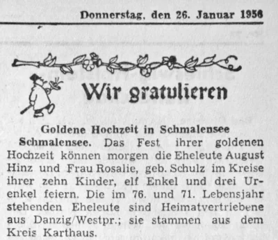 Goldene Hochzeit von August und Rosalie Hinz, SZ 26 01 1956 