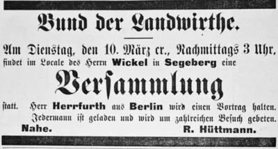 Bund der Landwirte tagt in Segeberg, SKWB 10 03 1896 