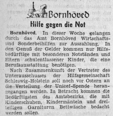 Hilfslieferungen von Unicef ins Amt Bornh&ouml;ved, SZ 13 03 1951 