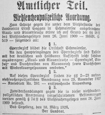 Maul- und Klauenseuche bei Ernst Saggau, SKTB 12 03 1926 