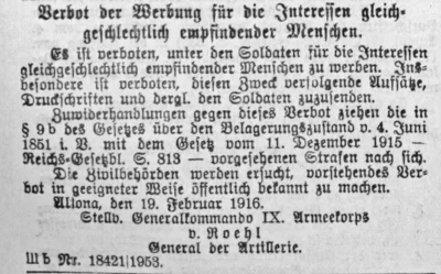 Verbot der Werbung f&uuml;r gleichgeschlechtliche Empfindungen SKTB 01 03 1916 