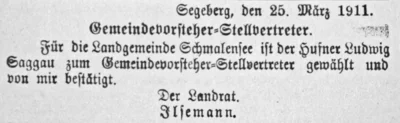 Ludwig Saggau Stellv  Gemeindevorsteher, SKTB 04 04 1911 