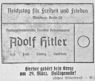 Stimmzettelmuster zur Reichstagswahl, SKTB 21 03 1936 