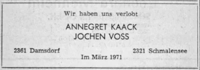 Verlobung Annegret Kaack und Jochen Vo&szlig;, SZ 27 03 1971 