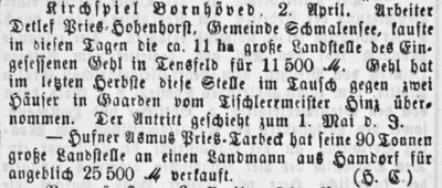 Detlef Pries von H&ouml;llenhorst kauft in Tensfeld, SKWB 09 04 1891 