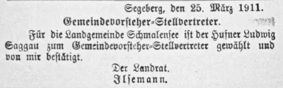Ludwig Saggau Stellvertretender Gemeindevorteher, SKTB 04 04 1911 