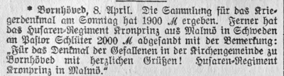 Schweden spenden f&uuml;r das Kriegerdenkmal der Kirchengemeinde, SKTB 09 04 1921 
