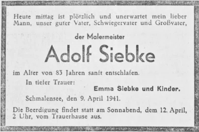 Trauer um Maler Adolf Siebke, SKTB 10 04 1941 