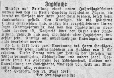 Jagdsachen im Kreis Segeberg, SKTB 22 03 1941 