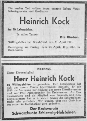 Trauer um Heinrich Kock von Willingsh&ouml;fen, 22 04 1941 