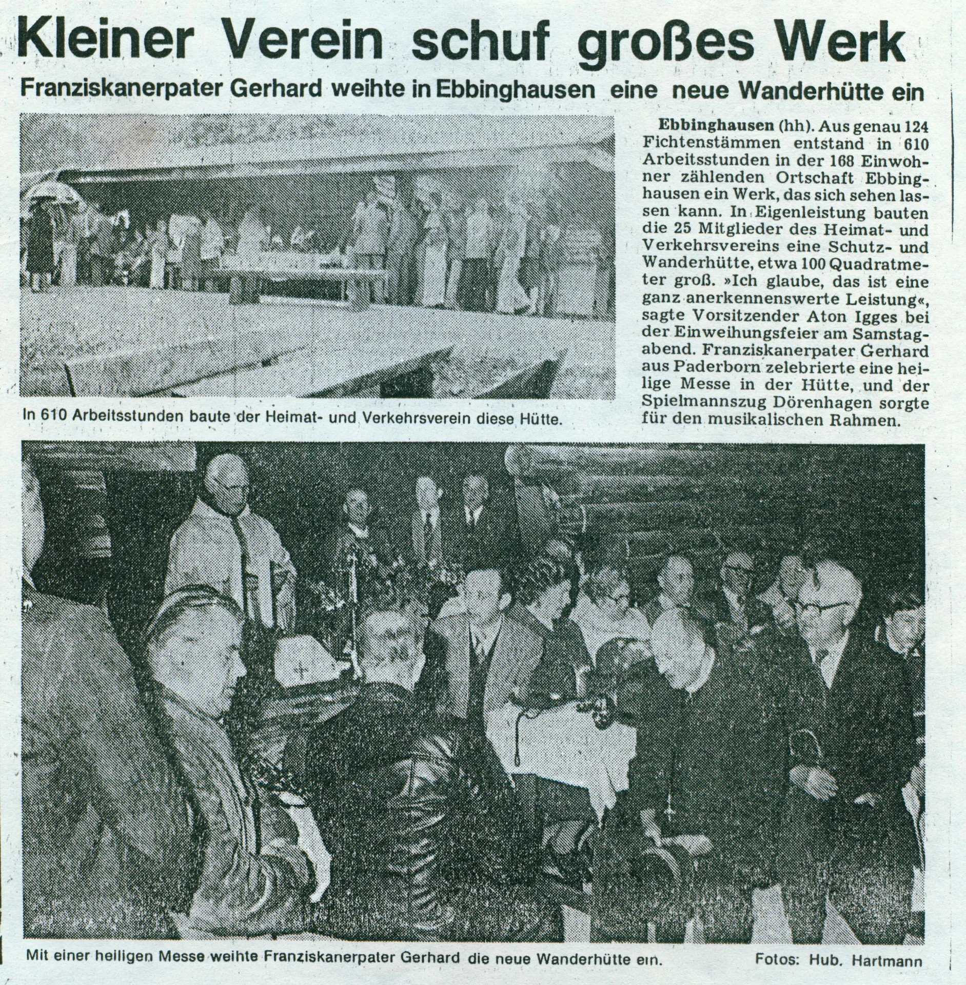 Bild: Zeitungsbericht zur Einweihung der Blockhütte 1978 (Sammlung Familie Schulze)