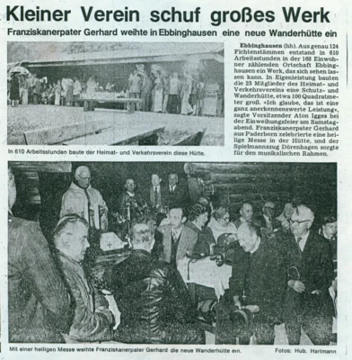 Zeitungsbericht zur Einweihung der Blockh&uuml;tte 1978 (Sammlung Familie Schulze)  (Bild vergr&ouml;&szlig;ern)