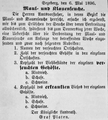 Aufgaben der Amtsvorsteher bei Maul- und Klauenseuche, SKWB 07 05 1896 