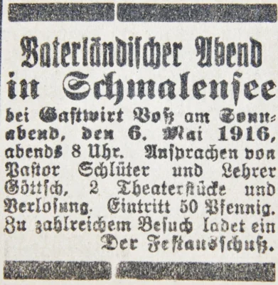 Vaterl&auml;ndischer Abend in Schmalensee, SKTB 05 05 1916 