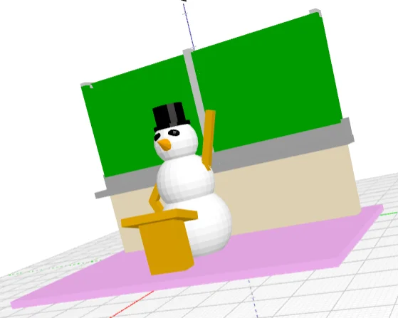 Bild: 3D-Modellansicht des hinter einem Rednerpult stehenden Schneemanns vor einer Kreidetafel; nach Josephine Bergmann