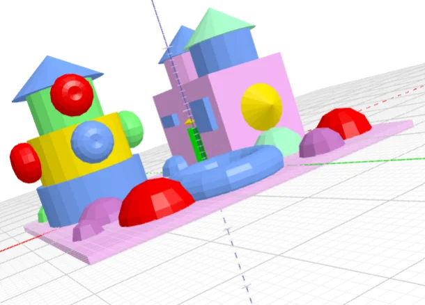 Bild: 3D-Modellansicht eines bunten Schlosses mit rundem Hauptturm und Gartenbereich; nach Stella Rietzschel