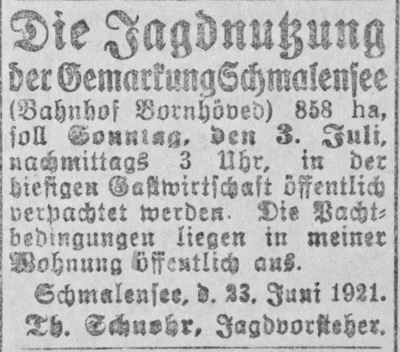 Jagdverpachtung Schmalensee, SKTB 25 06 1921 