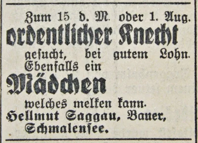 Personalsuche bei Helmuth Saggau, SKTB 14 07 1936 