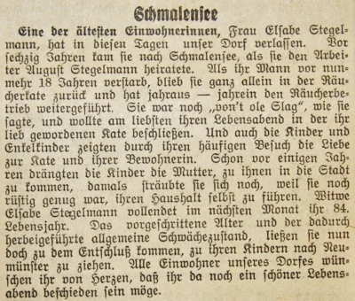 &Auml;lteste Einwohnerin Elsabe Stegelmann, SKTB 30 07 1936 