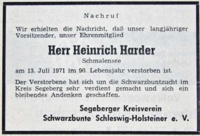 Schwarzbunte betrauern Heinrich Harder, SZ 19 07 1971 